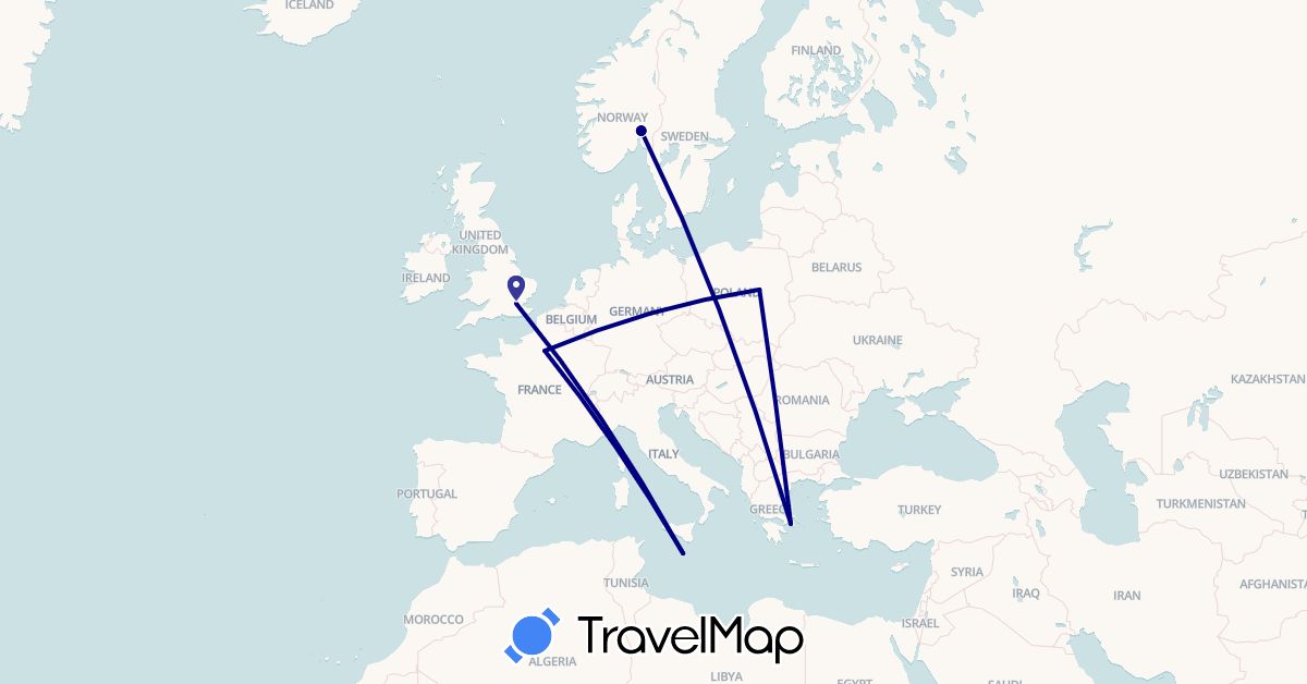TravelMap itinerary: driving in France, United Kingdom, Greece, Malta, Norway, Poland (Europe)